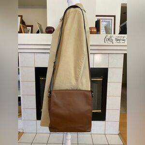 COACH Flap Bag, Medium, Canvas Strap, Silver Hardware, Brown Soft Leather